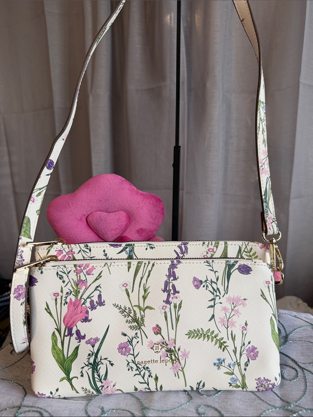 Nanette Lepore Floral Crossbody/Wristlet Bag - White with Pink & Green